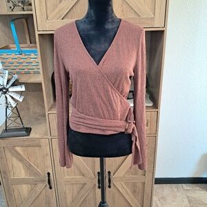 Moa Moa Women's XL Crop Sweater Rust Long Sleeve Belted Plunge V-Neck Ribbed